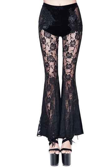 Velvet Flare Black Pants: Lace and Embroidery Trousers